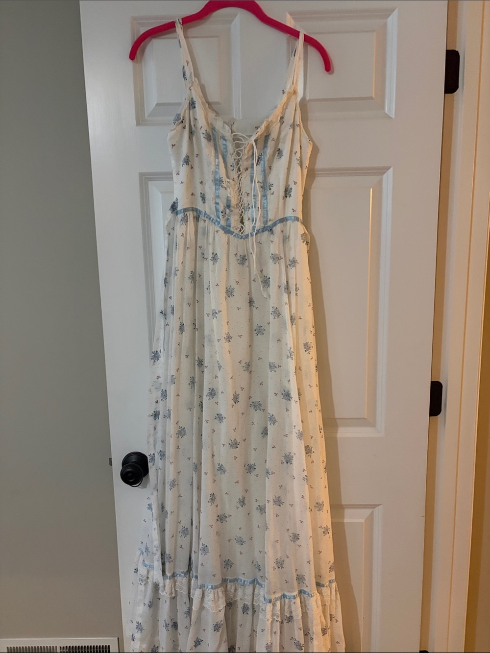 Vintage Cream Maxi Dress with Blue Floral Print and Lace-Up Bodice